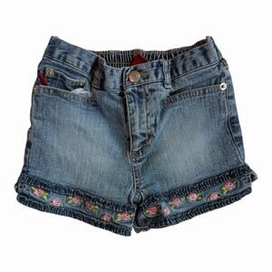 Y2K Girls Bongo Denim Mini Shorts Elastic Waist Floral Embroidery Size 6X